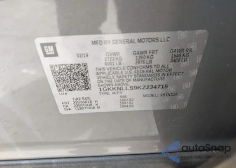 2019 GMC Acadia Sle-2 из США, поврежденный, VIN 1GKKNLLS9KZ234715